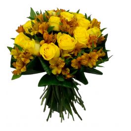 Bouquet de Flores Compacto 15 Rosas Colombianas Amarelas  com Astromelias