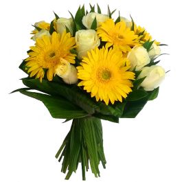 Bouquet de Flores compacto com 12 rosas brancas e 6 gerberas Amarelas