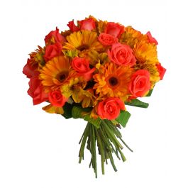Bouquet de Flores Compacto com 15 Rosas Coral e 8 gerberas Laranja com astromelia
