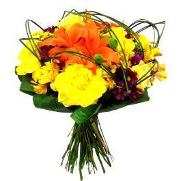 Bouquet de Flores Compacto Rosas Colombianas Amarelas com Lirios