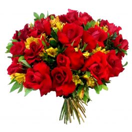 Bouquet Tradicional 24 Rosas Colombianas Vermelhas Trabalhadas com Astromelia