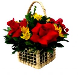 Cesta de Flores Bebel com 4 Rosa Colombianas Vermelhas Trabalhadas e Astromelia