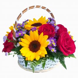 Cesta Dona Lili com Girassol e Rosas - Media Redonda