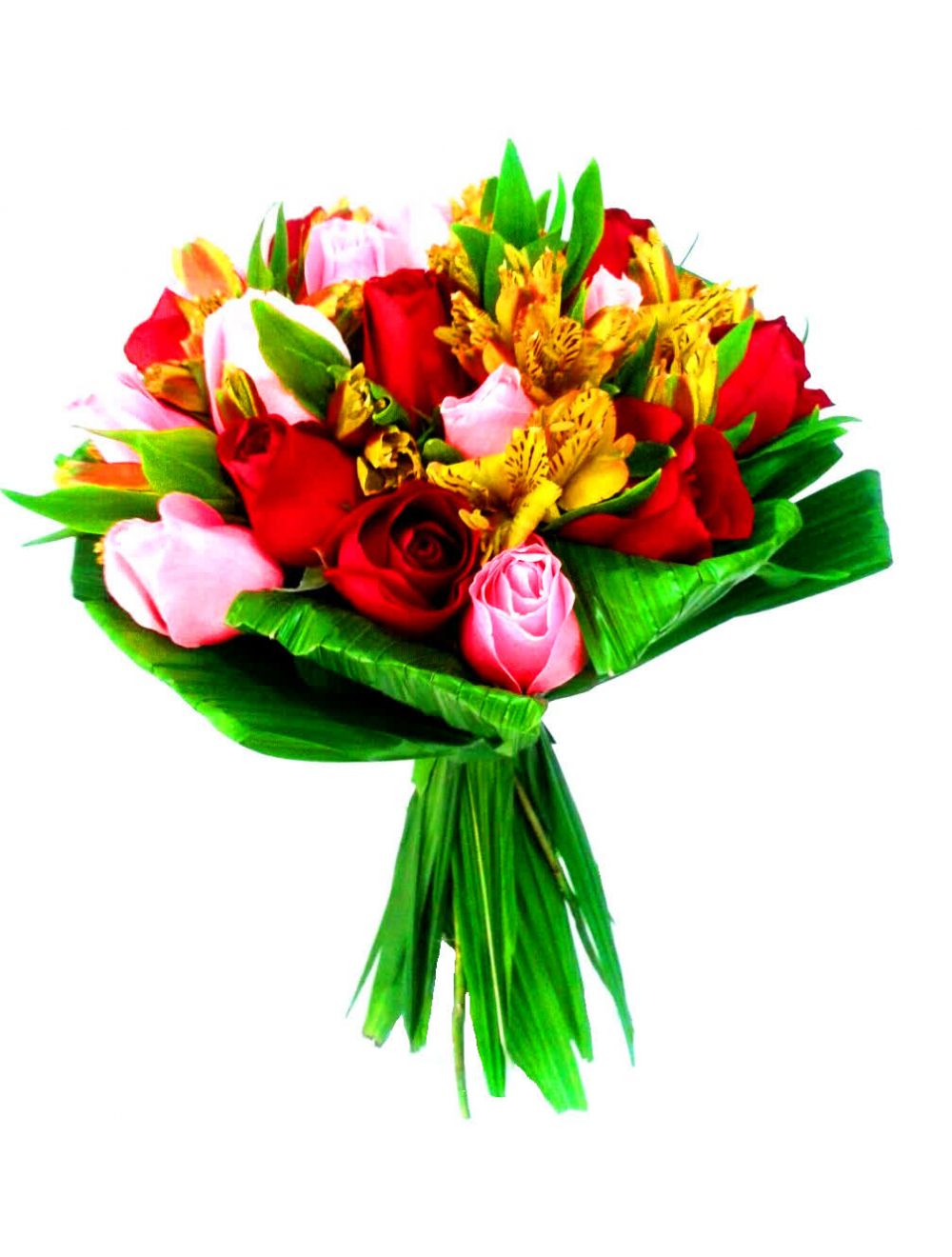 Central das Flores Bouquet de Flores Compacto 15 Rosas Nacionais com  Astromelia nas Cores Vermelhas e Rosas
